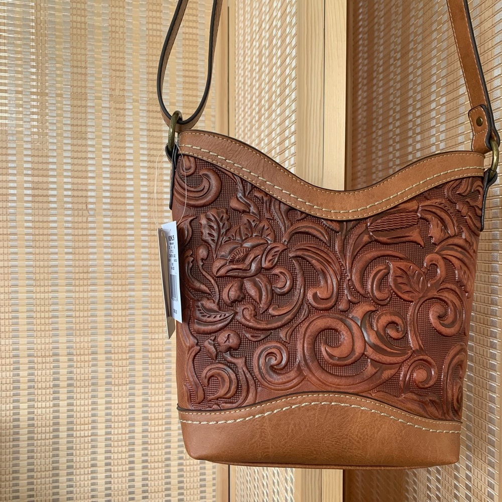 SALE Faux Leather Floral Etched Cross Body Purse